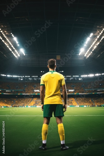 Male player on stadium at world cup. Back view. Generative AI © piai