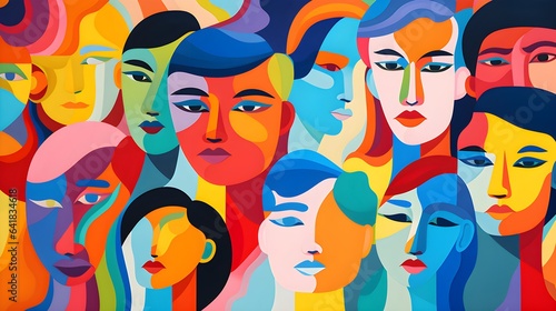 Colorful Cartoonish Motifs in Modern Abstract Art Featuring Diverse Faces - AI Generated