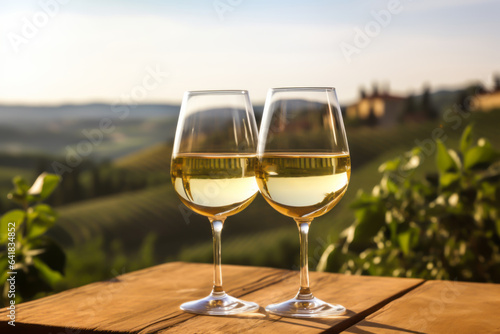 Two glasses of white wine on wooden table and beautiful Italy landscape on background. illustration for travel postcard or commercial ad.