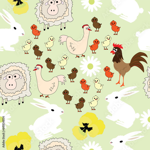 Seamless pattern with domestic animals and flowers