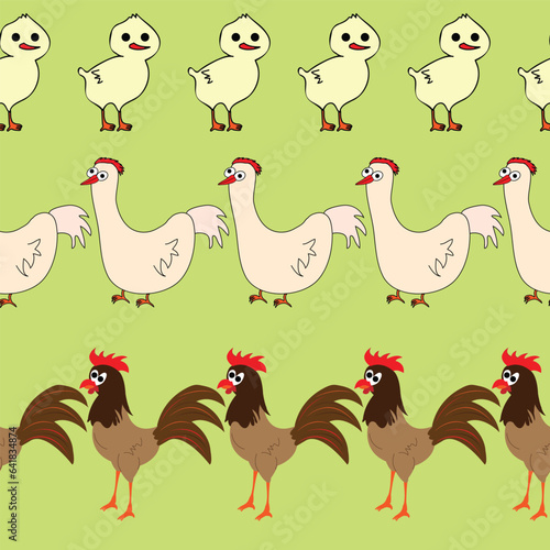 Seamless pattern with repeating chick hen and rooster