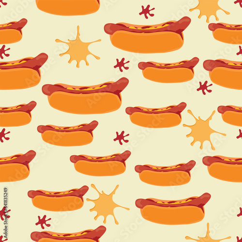 Seamless hot dog pattern with spots of mustard and ketchup
