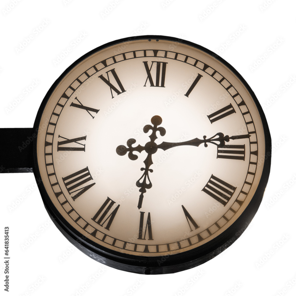 Old wall clock showing six o'clock thirteen minutes Old wall clock showing six o'clock thirteen minutes
