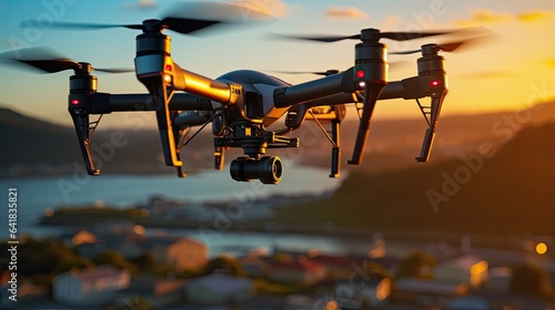 A drone filming aerial shots or completing a task