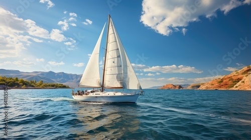 A yacht sailing on a clear blue sea under a sunny sky