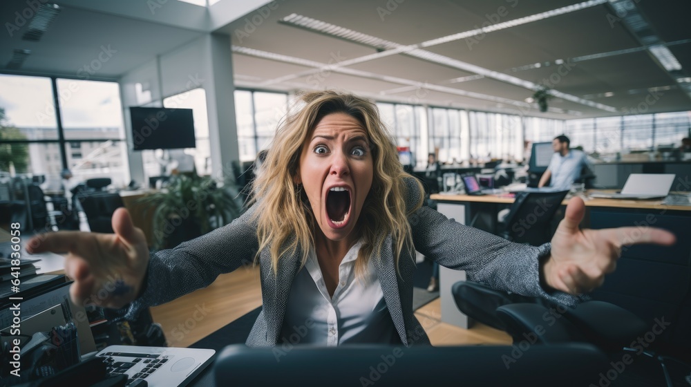 Stressed young woman screaming in the office. Stressed young woman screaming in the office.