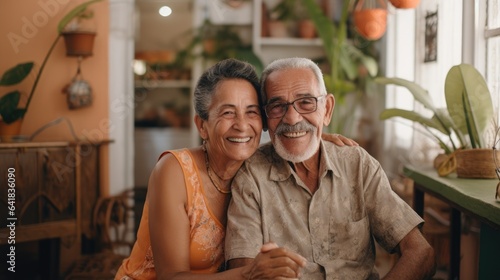 Senior cuban couple embraced sitting at home.