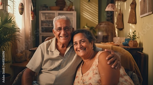 Senior cuban couple embraced sitting at home. photo