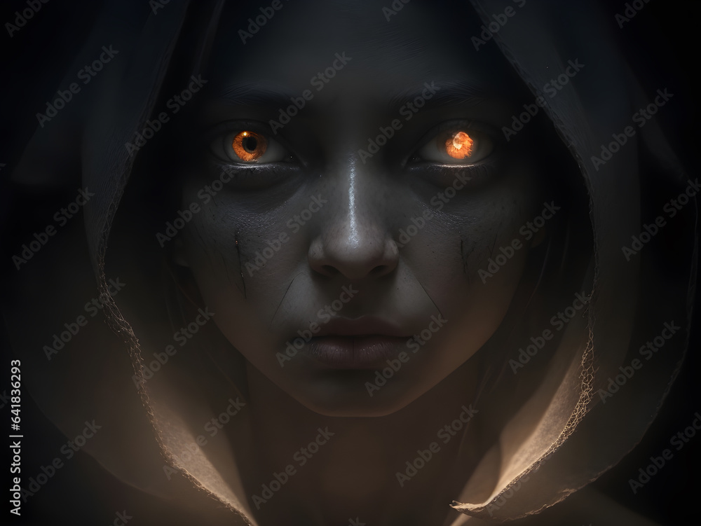 portrait of a ghost woman with glowing eyes covered by a cloth in the shadows