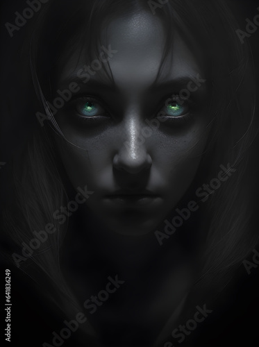 portrait of a ghost woman with glowing eyes covered by a cloth in the shadows
