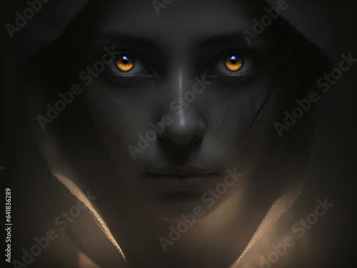 portrait of a ghost woman with glowing eyes covered by a cloth in the shadows