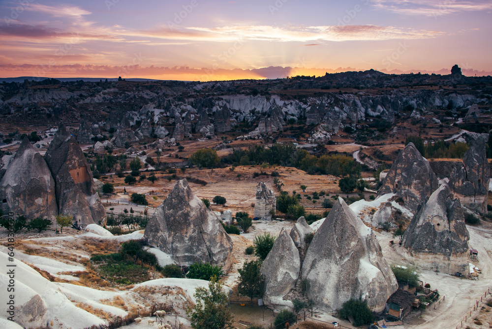 Amazing panoramic landscape in Goreme National Park at sunrise. Cappadocia.Turkey. Top attraction travel destinations.