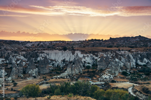 Amazing panoramic landscape in Goreme National Park at sunrise. Cappadocia.Turkey. Top attraction travel destinations.