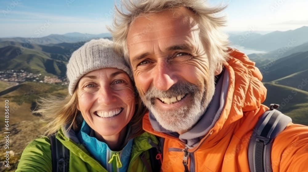 Happy smile elderly couple of hikers in the ascent to the summit taking a selfie on a mobile phone on the highlands landscape around. Generative AI Happy smile elderly couple of hikers in the ascent to the summit taking a selfie on a mobile phone on the highlands landscape around. Generative AI
