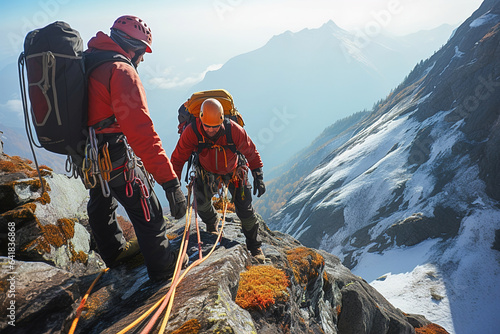 Climbers with equipment climb the mountains.