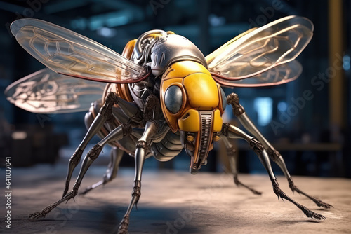 Bionic bee flying, transclucent wings, Robotic bug, robotic bee, wasp, science fiction. Photo realistic concept art, illustration photo