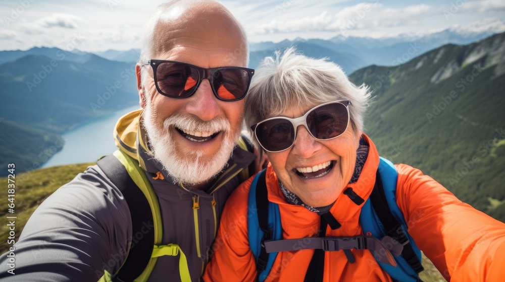 Happy smile elderly couple of hikers in the ascent to the summit taking a selfie on a mobile phone on the highlands landscape around. Generative AI
