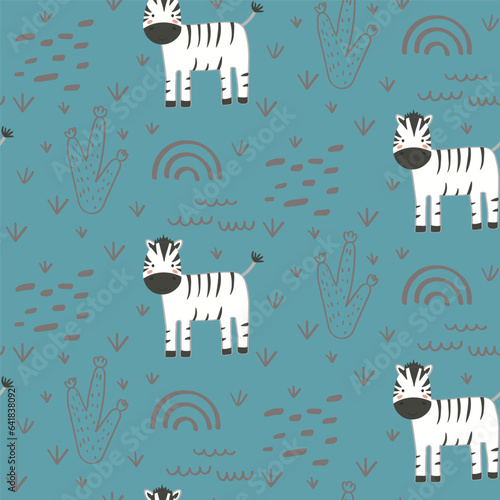 Vector seamless pattern with zebra.Tropical jungle cartoon creatures.Pastel animals background.Cute natural pattern for fabric  childrens clothing textiles wrapping paper.