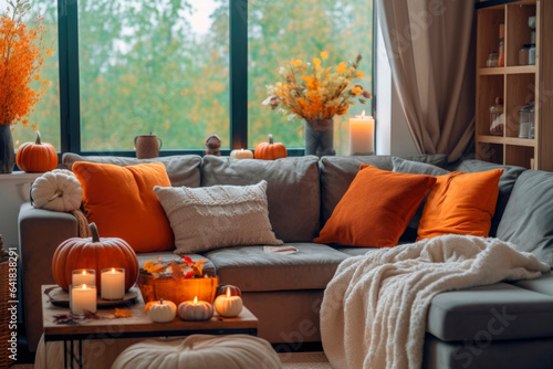 Cozy living room interior in fall palette with autumn flowers and pumpkins decor