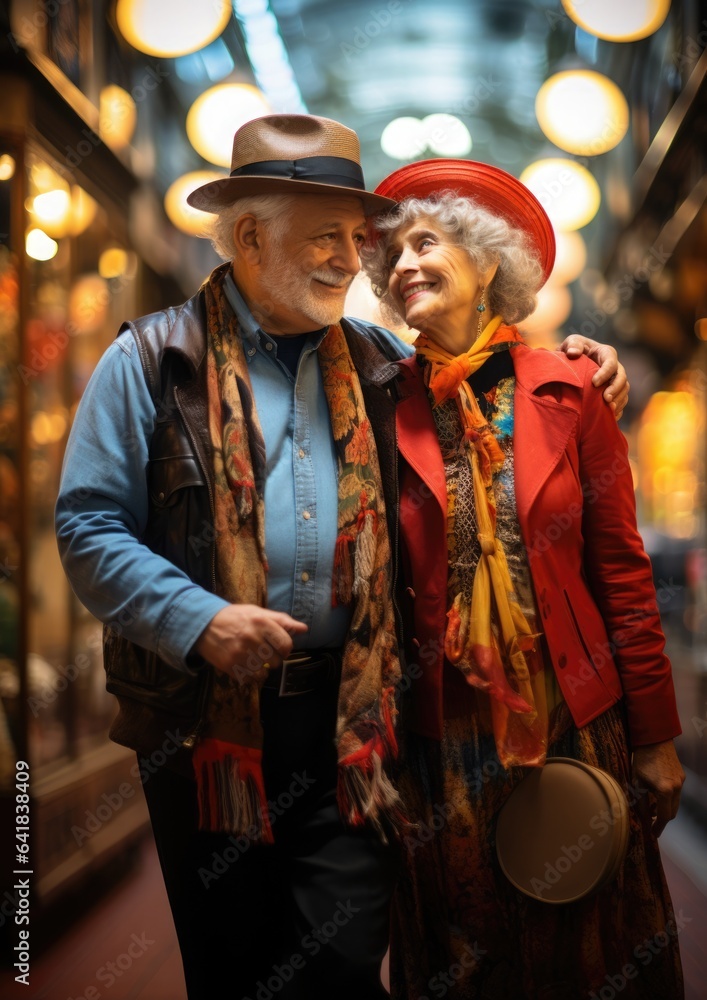 An endearing image of senior couples enjoying a leisurely stroll through a picturesque town square, their smiles capturing the joy of creating lasting memories together