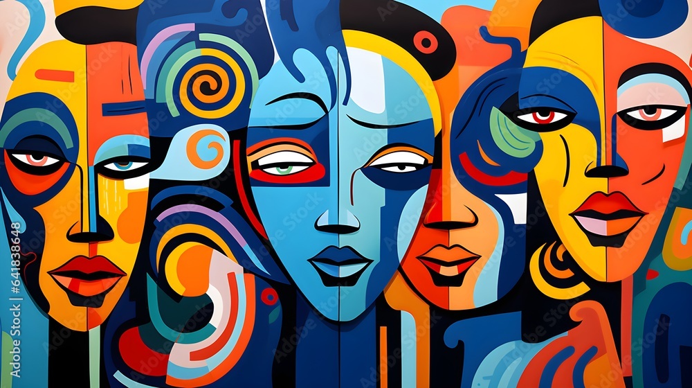 Abstract Perceptual Art Featuring Serene Faces and Colorful Patterns - AI Generated