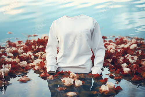 White sweatshirt mockup floatinf on water surface, AI Generative photo