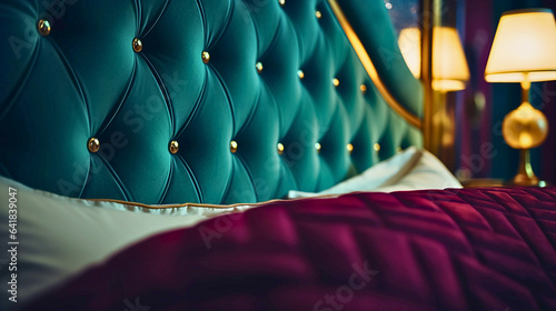 A close-up low-angle shot of an Art Deco bedroom, Velvet headboard, brass accents, and jewel tones glow in late evening's ambient light, exuding glamour.