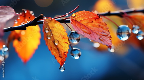 Autumn yellow orange leaves on branch with morning dew water drops on front blue sky 