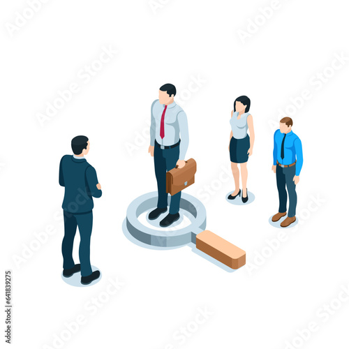 isometric man with a briefcase in magnifying glass icon and another man in a suit in color on a white background, labor exchange or personnel and employee search