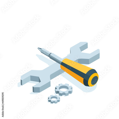 isometric screwdriver and wrench in color on a white background, repair and maintenance service or systems adjustment