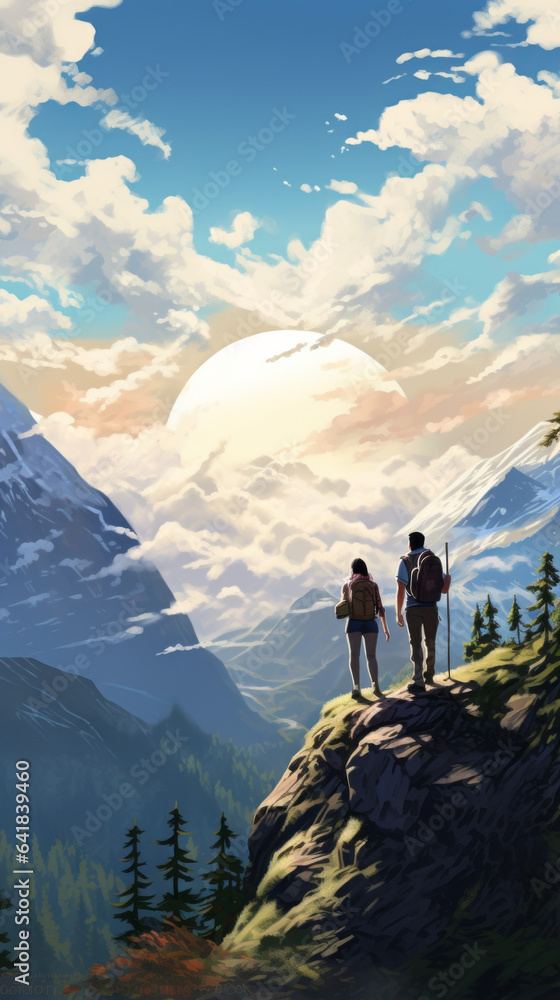 Postcard illustration of couple hiking through mountains