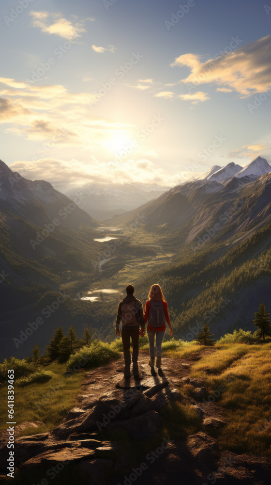 Couple hiking into a valley