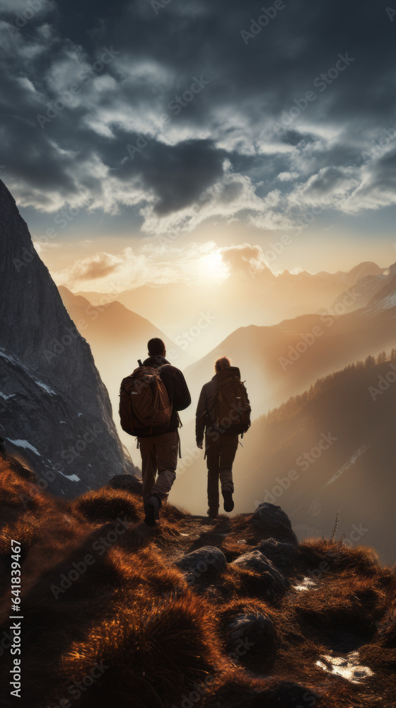 Two friends hiking in the mountains at sunset