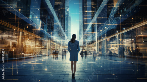 Business woman walking in digital city