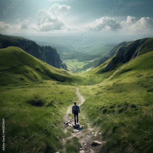 Single person walking through green meadows