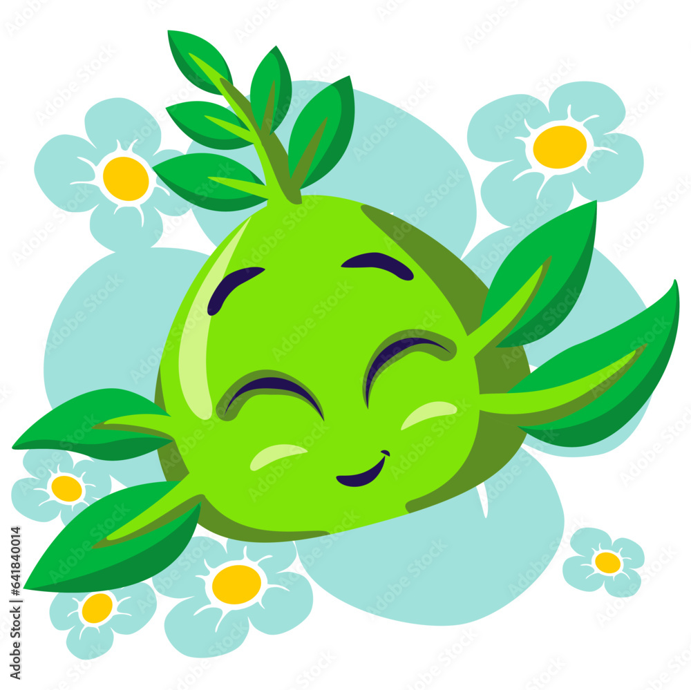 Naklejka premium Vector mascot, cartoon and illustration of a cute imaginary creature with leaf hair on a background of light blue flower petals