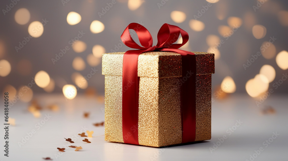 Gift in a gold gift box with a bow close-up. Festive background. New Year's gift in stylish packaging. 3D illustration. Gift in a gold gift box with a bow close-up. Festive background. New Year's gift in stylish packaging. 3D illustration.