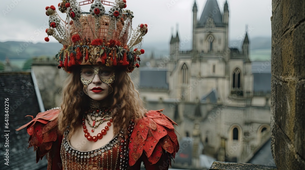 A model adorned in a jester costume with intricate beadwork, posed against a medieval castle backdrop. Carnival mask.