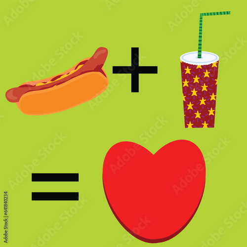 Illustration with hot dog  plus drink equalls heart