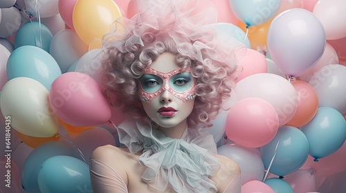 Model wearing a pastel-colored mask with flowing ribbons, amidst a backdrop of floating balloons. Carnival mask. 