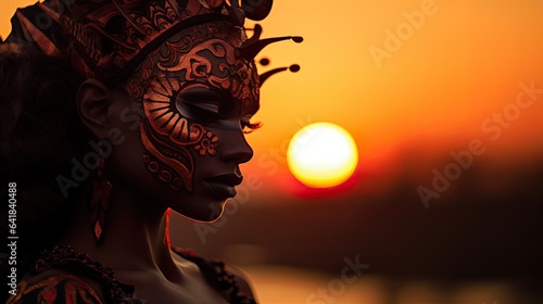 Silhouette shot of a model wearing an ornate mask, set against a vibrant sunset. Carnival mask.