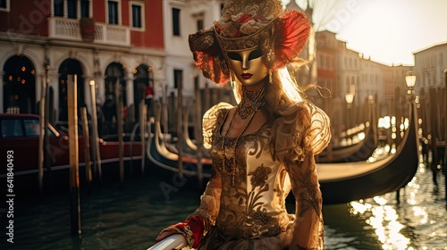 Photograph a model wearing a traditional Venetian mask and costume, standing by a canal with gondolas in the background.