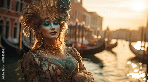 Photograph a model wearing a traditional Venetian mask and costume, standing by a canal with gondolas in the background. © Dannchez