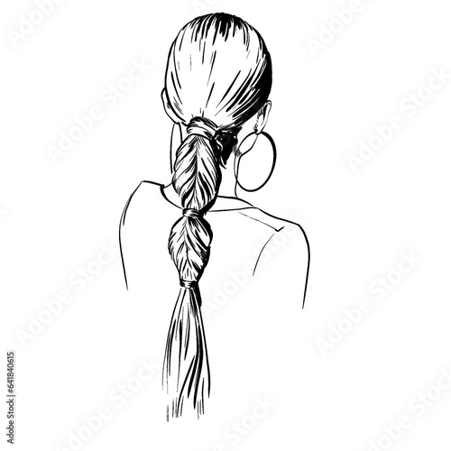 fashion woman Hairstyle line sketch. Hair braided with bobby Pins. Girls Head back view. Trendy isolated monochrome line illustration for hairdresser and beauty salon.