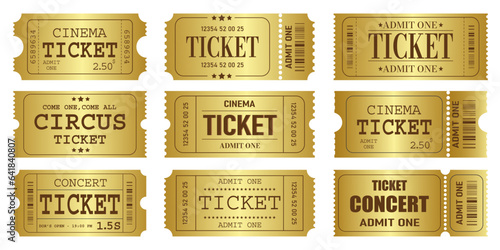 Vector set of admit one tickets template. Golden ticket for cinema,movie,circus,theatere,film,festival,casino,club,music etc. Event admission, entrance pass set .Vector illustration