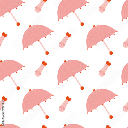 Pink umbrella seamless pattern. Cartoon open and folded pink umbrella pattern in barbiecore style