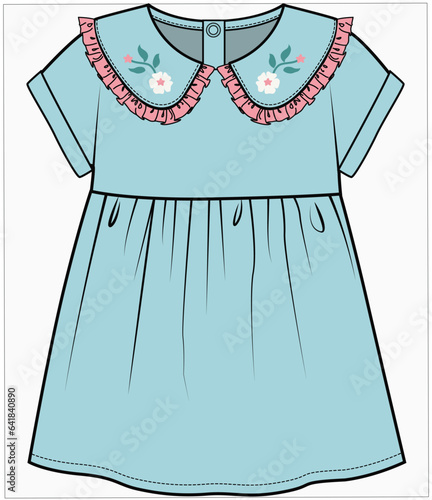 FLOWER EMBROIDERED PETERPAN COLLAR DROP SHOULDER EMPIRE CUT KNIT DRESS DESIGNED FOR INFANT GIRL TODDLER GIRL AND BABY GIRLS IN VECTOR ILLUSTRATION