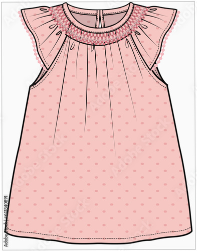 SMOCKING DETAIL SLEEVELESS FRILL DRESS IN SWISS DOT FABRIC DESIGNED FOR INFANT GIRL TODDLER GIRL AND BABY GIRLS IN VECTOR ILLUSTRATION