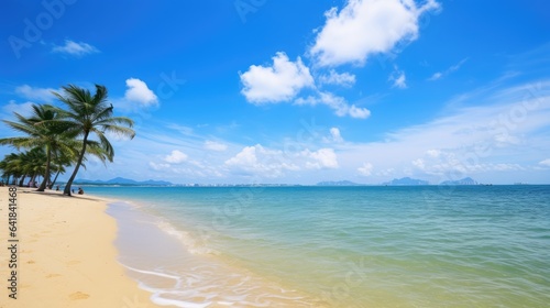 Palm tree on tropical beach with blue sky and white clouds. Copy space of summer vacation and business travel concept.