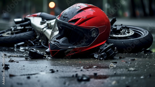 Traffic accident with a motorcycle on the road in rainy weather
